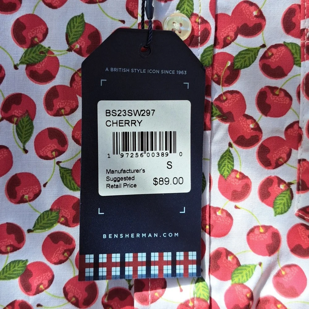 Nwt Ben Sherman Button Front Short Sleeve Shirt Cherry Pattern Stretch Men Sz S - Picture 9 of 9